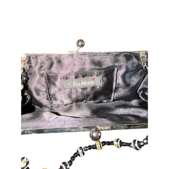 Chateau Black Satin Beaded Handle Clutch Purse Floral Embroidered Evening Bag - Picture 5 of 5
